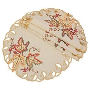 New Xia Home Fashions Moisson Leaf Embroidered Cutwork Fall Placemats 16” Round,